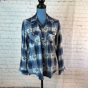 AEO American Eagle Button Snap Down Shirt Boyfriend Fit Blue Plaid Top Small